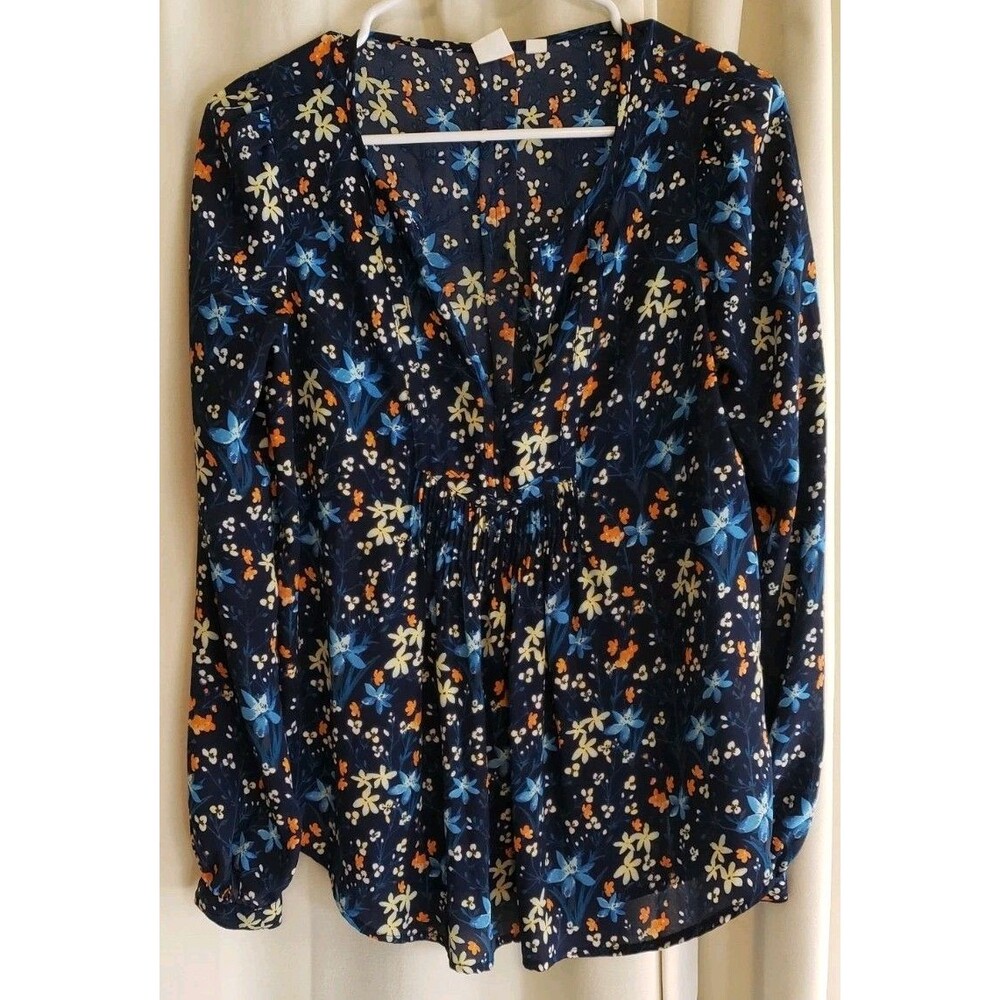 Gap Size XS Navy Floral Sheer Blouse Long Sleeve V Neck Lightweight Boho Top